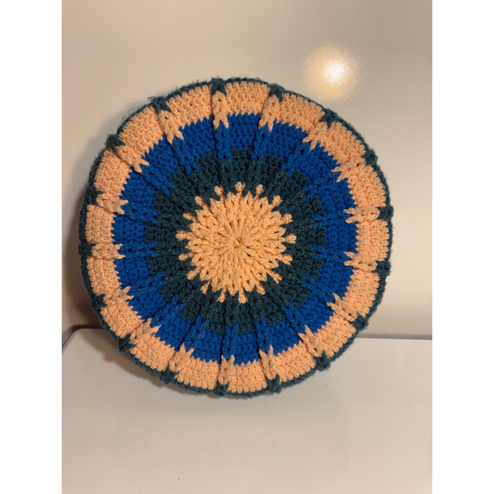 Vintage Handmade Crochet Round Throw Pillow Boho Sunburst Circle Peach Blue Teal
